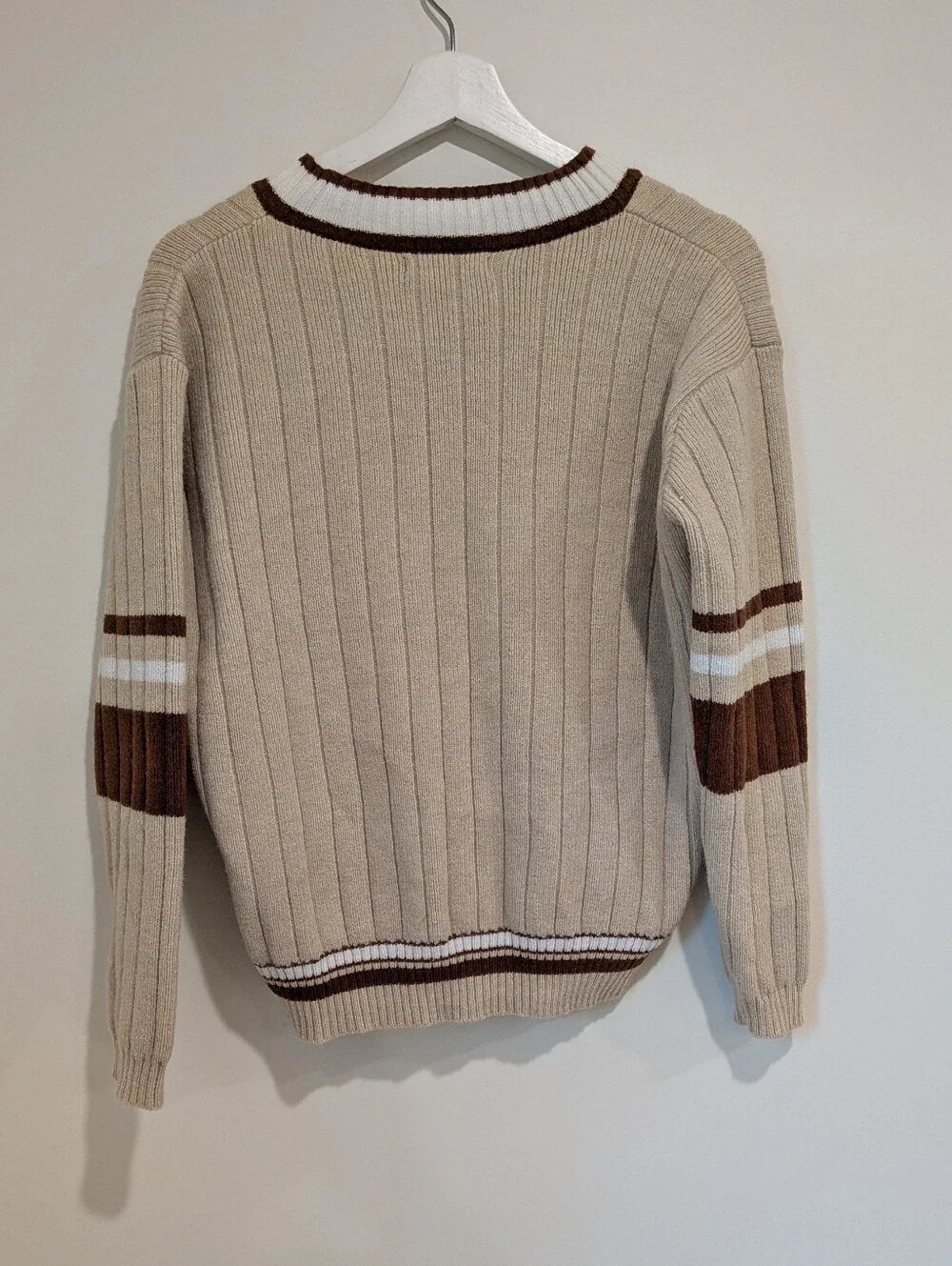 Beige and Brown Rib Knit Sweater with Striped Sleeve size S- Collegiate Academia